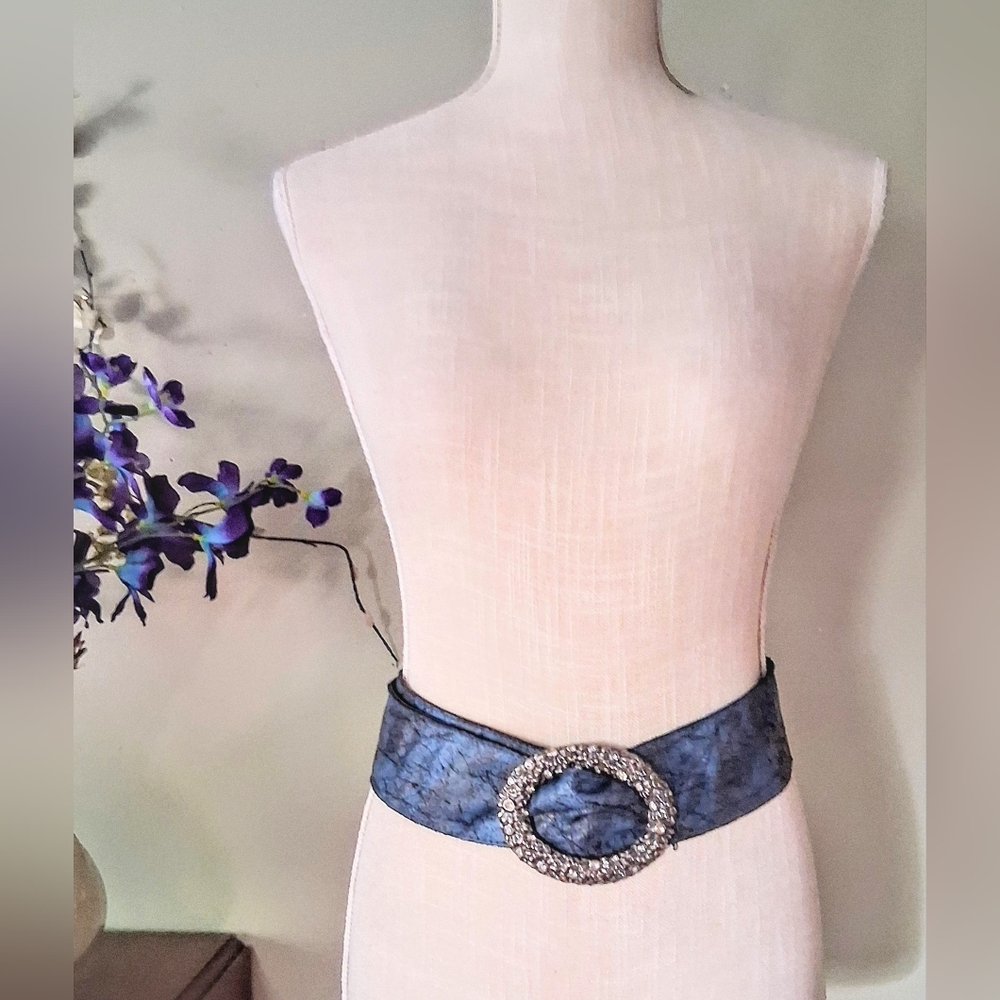 Vintage Blue & Black Faux Snakeskin Wide Belt - Ornate Metal/Rhinestone Buckle